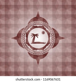 beach icon inside red seamless badge with geometric pattern background.