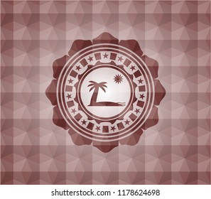 beach icon inside red seamless emblem or badge with abstract geometric pattern background.
