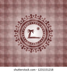 beach icon inside red seamless emblem or badge with abstract geometric pattern background.