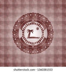 beach icon inside red seamless badge with geometric pattern.
