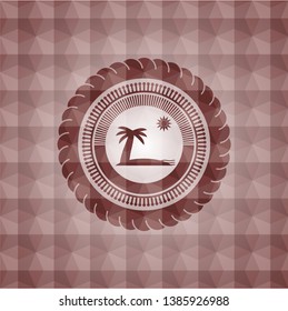 beach icon inside red seamless emblem or badge with abstract geometric pattern background.