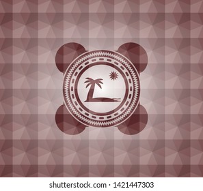 beach icon inside red seamless emblem or badge with abstract geometric polygonal pattern background.