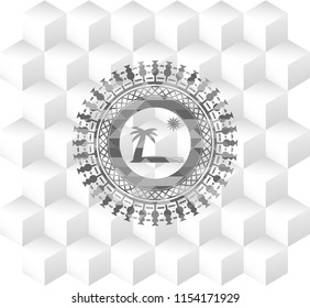 beach icon inside retro style grey emblem with geometric cube white background