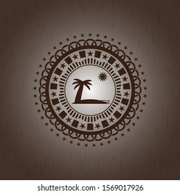 beach icon inside retro style wooden emblem
