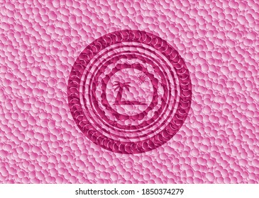 Strandsymbol im Retrostil, rosafarbenes Emblem mit Blasenhintergrund. Vektorgrafik. Detaillierte Angaben. 