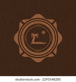 beach icon inside retro style wooden emblem. 