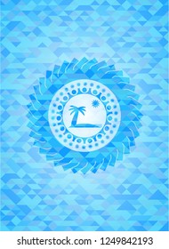 beach icon inside sky blue emblem with mosaic ecological style background