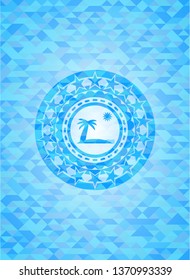 beach icon inside sky blue emblem with mosaic ecological style background