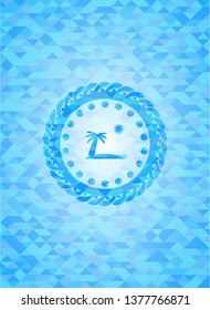 beach icon inside sky blue emblem with mosaic ecological style background