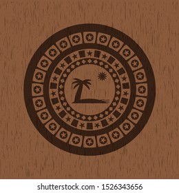 beach icon inside wooden emblem. Vintage.