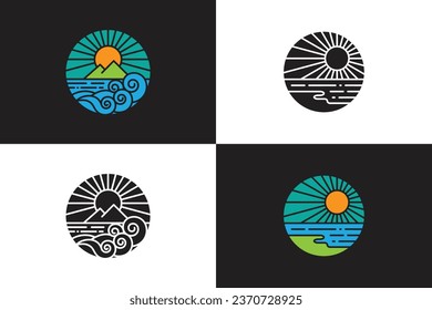 Beach icon logo, sun and sea tidal waves, flat design with silhouette variations