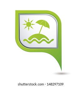Beach icon on green map pointer, vector illustration.