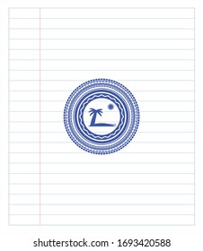 beach icon pen emblem. Blue ink. Vector Illustration. Detailed.