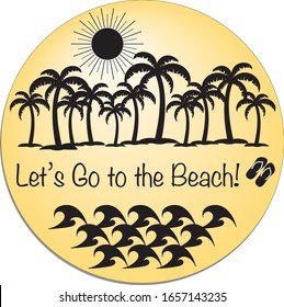 Beach Icon, round with palm trees, sun, waves, flip flops