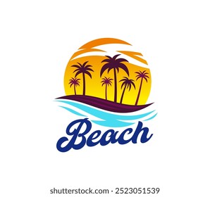 Icono de la playa con olas del mar o del océano y palmeras en la isla exótica tropical, emblema del Vector. Vacaciones de verano o vacaciones de viaje y etiqueta de resort de playa con sol en la isla del paraíso con palmeras y olas