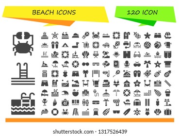 beach icon set. 120 filled beach icons.  Simple modern icons about  - Crab, Swimming pool, Buoy, Turtle, Jet ski, Pamela, Kite, Pier, Lifebuoy, Pineapple, Starfish, Swimsuit, Hammock