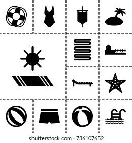 Beach icon. set of 13 filled beach icons such as towels, avenue, sunbed, starfish, pool ladder, carpet in the sun, island, man swim wear, beach ball, lifebuoy, sail
