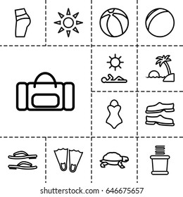 Beach icon. set of 13 outline beach icons such as turtle, towels, slippers, sunbed, man laying in sun, island, flip flops, swimsuit, beach ball, plastic ball, booty fitness