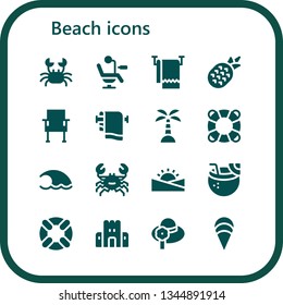 beach icon set. 16 filled beach icons.  Simple modern icons about  - Crab, Chair, Towel, Pineapple, Island, Lifesaver, Wave, Sunset, Coconut drink, Sand castle, Pamela, Clam