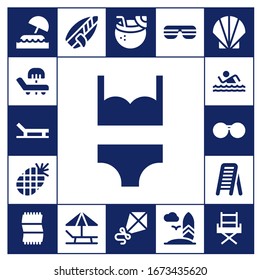 beach icon set. 17 filled beach icons. Included Island, Sunbed, Beach, Bikini, Pineapple, Swim, Sunglasses, Ladder, Towel, Surfboard, Coconut drink, Kite, Seashell, Chair icons