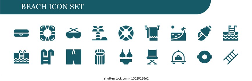  beach icon set. 18 filled beach icons.  Simple modern icons about  - Float, Lifesaver, Sunglasses, Coconut tree, Towel, Beach, Seashell, Swimming pool, Swimming, Swimsuit, Inflatable