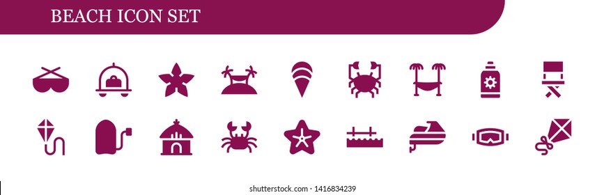 beach icon set. 18 filled beach icons.  Collection Of - Sunglasses, Luggage, Starfish, Island, Clam, Crab, Hammock, Sun cream, Chair, Kite, Surf, Hut, Pier, Jet ski, Diving mask