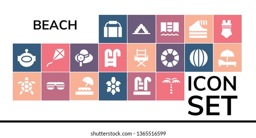 beach icon set. 19 filled beach icons.  Collection Of - Gym bag, Aqualung, Turtle, Sunglasses, Island, Swimming pool, Palm tree, Kite, Pamela, Chair, Lifebuoy, Volleyball, Sunbed