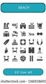 beach icon set. 25 filled beach icons.  Collection Of - Swimming pool, Diving mask, Sand castle, Towel, Gym bag, Sunbed, Luggage, Beach, Sunglasses, Surfboard, Buoy, Lifesaver