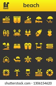 beach icon set. 26 filled beach icons.  Collection Of - Swimming pool, Flippers, Swimming, Sunbed, Deck, Surf, Crab, Bikini, Seashell, Swimsuit, Surfboard, Slippers, Hammock, Towel