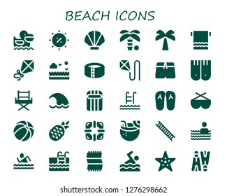  beach icon set. 30 filled beach icons. Simple modern icons about  - Pelican, Summer, Seashell, Palm tree, Towel, Kite, Sea, Pool, Swimsuit, Flippers, Chair, Wave, Inflatable