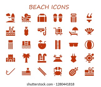  beach icon set. 30 filled beach icons. Simple modern icons about  - Surfboard, Pelican, Gym bag, Slippers, Inflatable, Bikini, Swimming pool, Swimsuit, Diving mask, Luggage, Sunbed