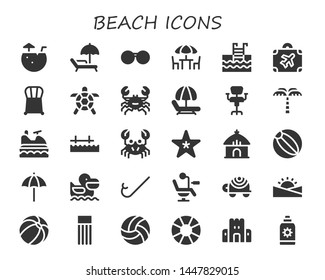 Strand-Ikone-Set. 30 gefüllte Strandsymbole.  Kollektion von - Kokosnusswasser, Sonnenbett, Sonnenbrillen, Stühle, Swimmingpool, Gepäck, Stuhl, Schildkröte, Krab, Hammock, Palm, Jet Ski, Pier