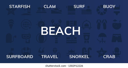  beach icon set. 32 filled beach icons. on blue background style Simple modern icons about  - Starfish, Clam, Surf, Buoy, Surfboard, Travel, Snorkel, Crab, Sunglasses, Summer