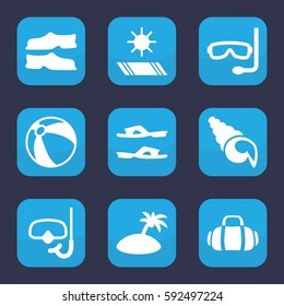 beach icon. Set of 9 filled beach icons such as beach ball, slippers, sport bag, snorkel, carpet in the sun, island, aqualung