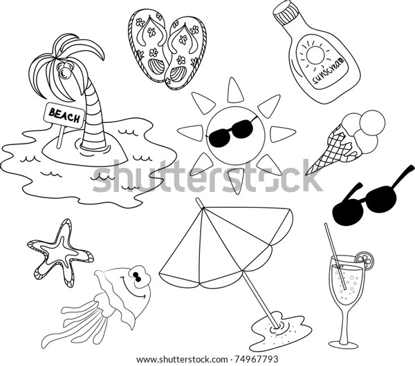 Beach Icon Set Black White Coloring Stock Vector (Royalty Free ...