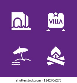 beach icon set. bonfire, sea cave and villa vector icon for graphic design and web
