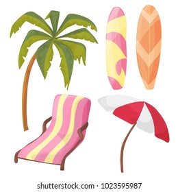 Beach Icon Set - cartoon equipment - lounger, palm tree, board, umbrella
