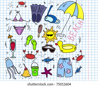 beach icon set,  children drawing