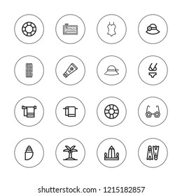 Beach icon set. collection of 16 outline beach icons with beach towel, bikini, flippers, lifesaver, obelisk, palm tree, pamela, shell, swimming, swimsuit, sun cream icons.