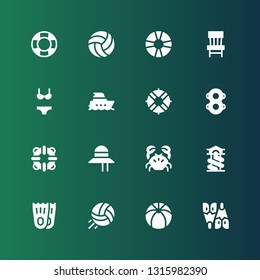 beach icon set. Collection of 16 filled beach icons included Flipper, Beach ball, Volleyball, Flippers, Slide, Crab, Pamela, Lifesaver, Floats, Lifeguard, Yacht, Bikini, Chair
