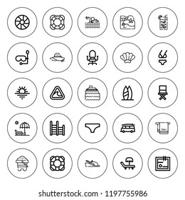 Beach icon set. collection of 25 outline beach icons with bikini, chair, diving mask, lifeguard, lifesaver, ladder, pamela, sand, sandals, shell, sunset icons. editable icons.