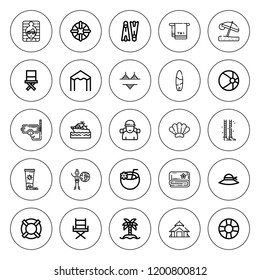 Beach icon set. collection of 25 outline beach icons with chair, bikini, coconut drink, coconut tree, flippers, lifebuoy, lifesaver, hut, pamela, shell icons. editable icons.