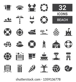 beach icon set. Collection of 32 filled beach icons included Seashell, Volleyball, Palm tree, Floating, Slide, Chair, Island, Sand castle, Towel, Lifesaver, Hut, Lifeguard, Pamela