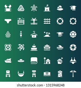 beach icon set. Collection of 36 filled beach icons included Palm tree, Slide, Pool, Chair, Hammock, Bikini, Sand bucket, Beach house, Towel, Pamela, Yacht, Lifesaver, Wave, Pearl