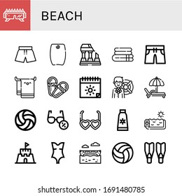 beach icon set. Collection of Sunglasses, Swimsuit, Bodyboard, Ruined, Towel, Swimming trunks, Beach towel, Sandals, Summer, Lifebuoy, Deck chair, Volleyball, Sun cream icons