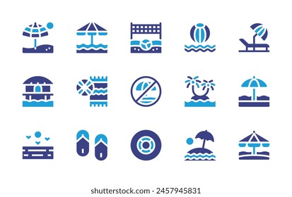 Beach icon set. Duotone color. Vector illustration. Containing holidays, beach, sea, flipflops, lifeguard, beachtowel, beachhut, beachvolleyball, nobeach, ball, sunumbrella, island.