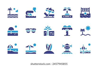 Beach icon set. Duotone color. Vector illustration. Containing sunglasses, thunderstorm, beachchair, beachvolleyball, beach, island, coconuttree, surfboard, lighthouse.