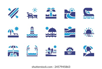 Beach icon set. Duotone color. Vector illustration. Containing beach, sea, vacation, sunset, paddleboarding, sunbathing, lighthouse, wave, ocean, lounger.