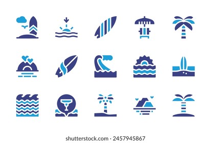 Beach icon set. Duotone color. Vector illustration. Containing beach, sunset, palmtree, surfingboard, island, surf, surfboard, location, sunrise, seawaves, wave, sunbed.