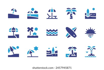 Beach icon set. Duotone color. Vector illustration. Containing sea, sunumbrella, beachumbrella, beach, sunrise, surfboard, palmtree, island, surf.